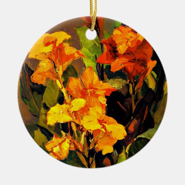 Canna Lilies, floral painting by Franz Bischoff, Ceramic Ornament (Front)