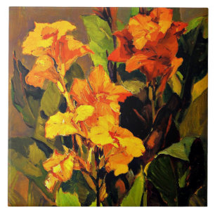 Canna Lilies, floral painting by Franz Bischoff Tile