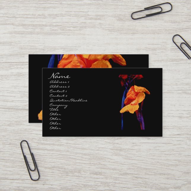 Canna Lilies on Black With Blue Business Card (Front/Back In Situ)