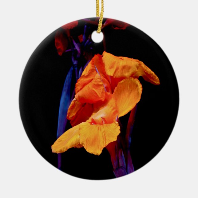 Canna Lilies on Black With Blue Ceramic Ornament (Front)