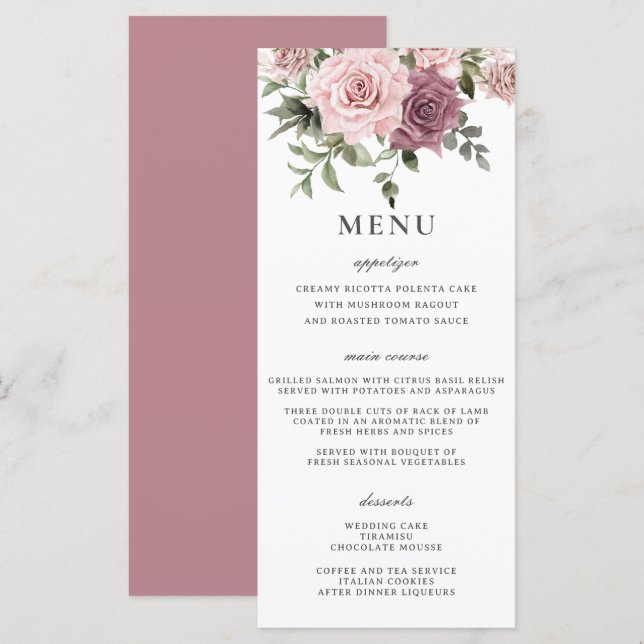 Cannelle Rose Blush Floral Greenery Menu Mariage (Devant / Derrière)