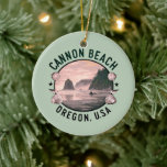 Cannon Beach Retro Vignette Ceramic Ornament<br><div class="desc">Stylish keepsake ornament features a retro style pink tinted water view of Cannon Beach,  OR on pastel green background.</div>