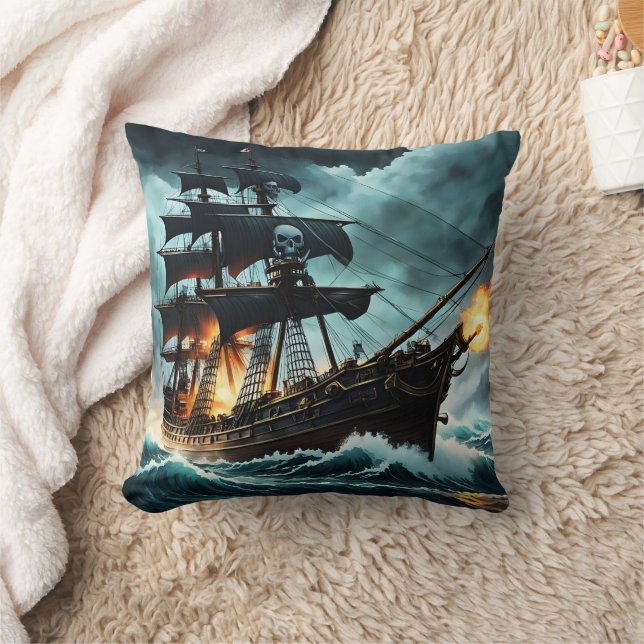 Cannon-Firing Pirate Ship on Stormy Seas Throw Pillow (Blanket)