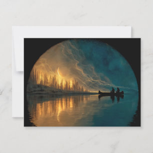 Canoe and crescent moon on a lake postcard