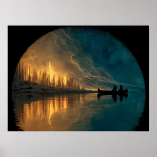 Canoe and crescent moon on a lake poster