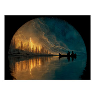 Canoe and crescent moon on a lake poster