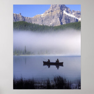 Canoe fishing Waterfowl Lake, Banff National Poster