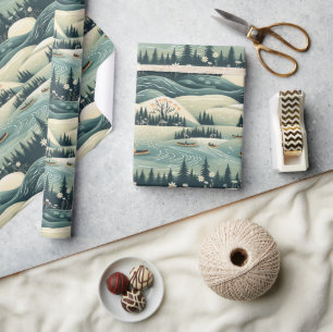 Canoe Journey & River Flow Feather Pattern Design Wrapping Paper