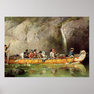Canoe Manned by Voyageurs Passing a Waterfall Poster