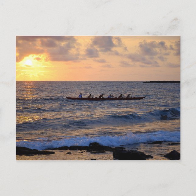 Canoë Outrigger au coucher du soleil, Hawaï, carte (Devant)