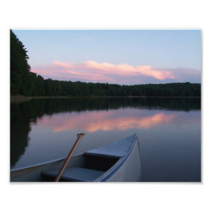 Canoe, paddle and lake at Sunset Photo Print