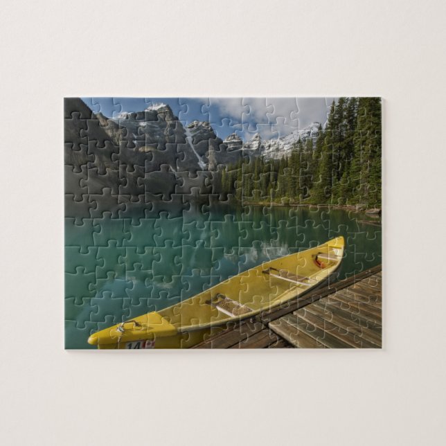 Canoe parked at a dock along Moraine Lake, Banff Jigsaw Puzzle (Horizontal)