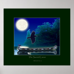Canoe, Ravens & Moon Native American Art Poster