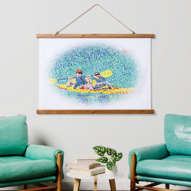 Canoeing in pointillism on wall tapestry (Living Room)