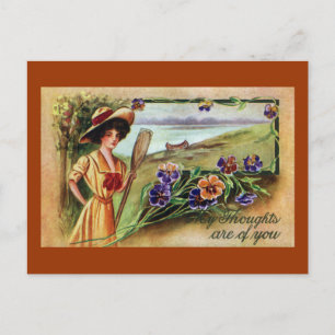 Canoeing Woman and Pansies Postcard
