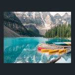 Canoes on Moraine Lake Banff National Park Canada Poster<br><div class="desc">This stunning design features colourful reflections of canoes on the water of Moraine Lake in the Banff National Park, Canada.</div>