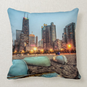 Canoes on Oak Street Beach a little after sunset Throw Pillow