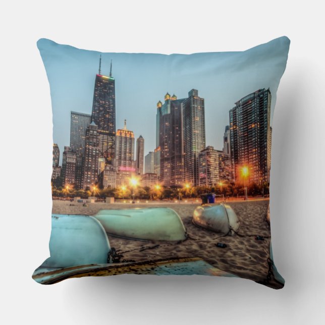 Canoes on Oak Street Beach a little after sunset Throw Pillow (Front)