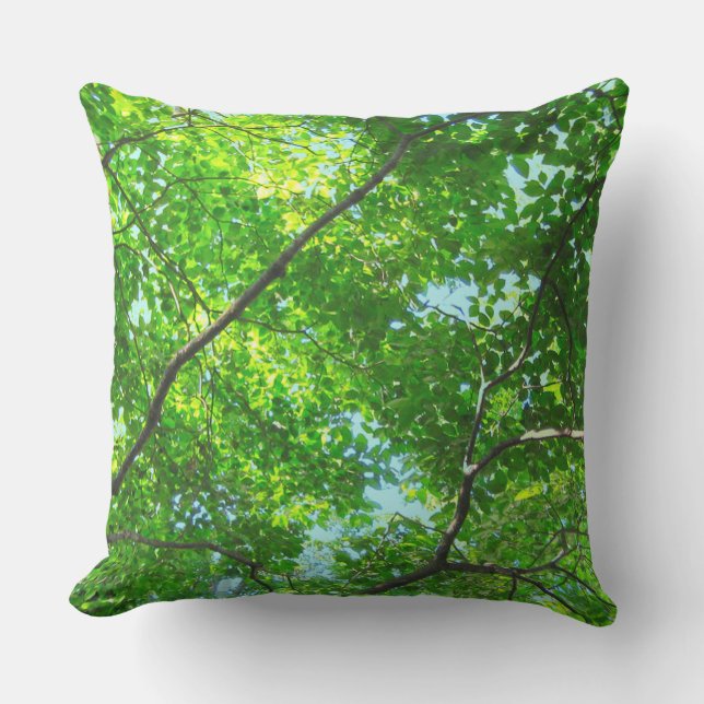 Canopy of Green, Leafy Branches with Blue Sky Outdoor Pillow (Front)