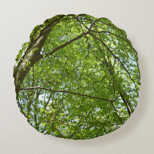 Canopy of Spring Leaves Green Nature Scene Round Pillow (Front)