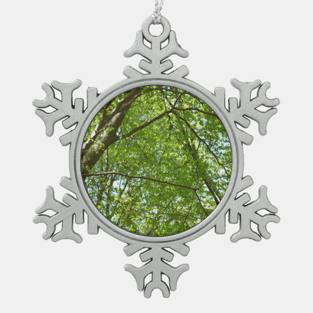 Canopy of Spring Leaves Green Nature Scene Snowflake Pewter Christmas Ornament (Front)