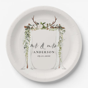 Canopy rustic botanical wedding mr and mrs script  paper plate