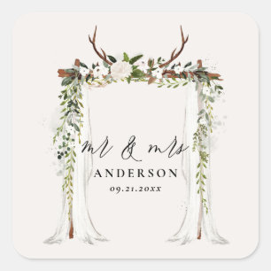 Canopy rustic botanical wedding mr and mrs script square sticker