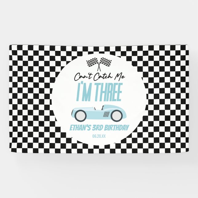 Can't Catch Me Blue Race Car 3rd Birthday Party Banner (Horizontal)