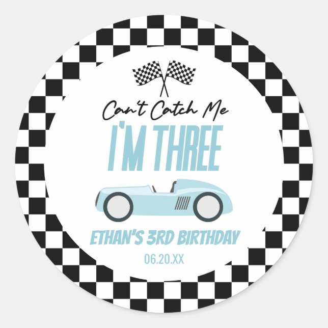 Can't Catch Me Blue Race Car 3rd Birthday Party Classic Round Sticker (Front)