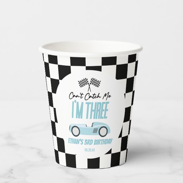Can't Catch Me Blue Race Car 3rd Birthday Party Paper Cups (Front)