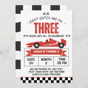 Can't Catch Me I'm Three Race Car 3rd Birthday  Invitation