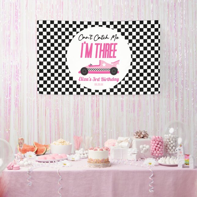 Can't Catch Me Pink Race Car 3rd Birthday Party Banner (Party)