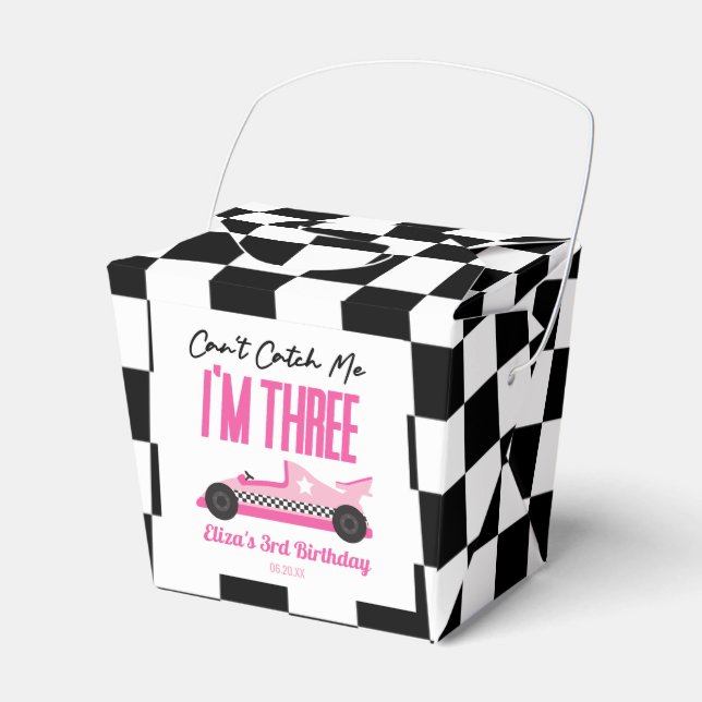 Can't Catch Me Pink Race Car 3rd Birthday Party Favor Box (Front Side)