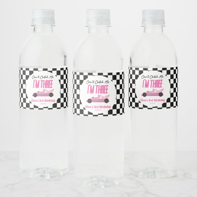 Can't Catch Me Pink Race Car 3rd Birthday Party Water Bottle Label (Bottles)