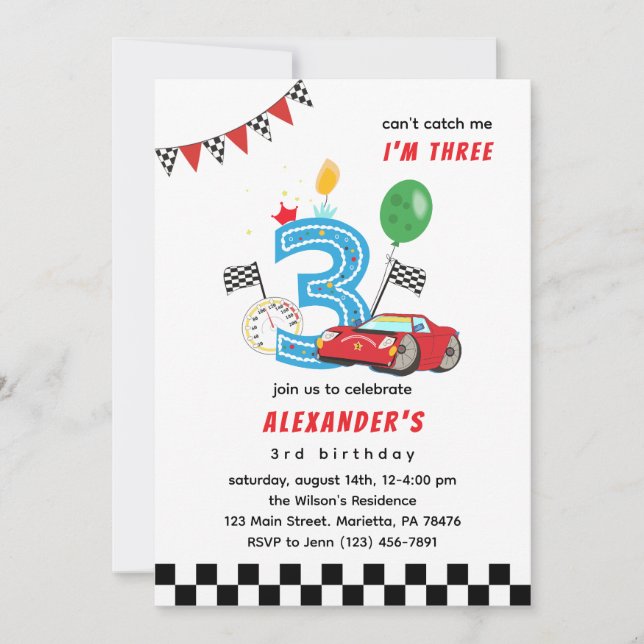 Can't Catch Me Racing Car 3rd Birthday Party Invitation (Front)