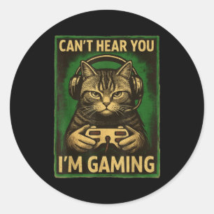 Can't Hear You I'm Gaming Funny Gamer Cat Playing  Classic Round Sticker