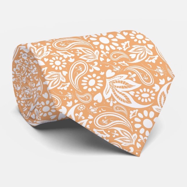 Cantaloupe and White Romantic Paisley Pattern Tie (Rolled)