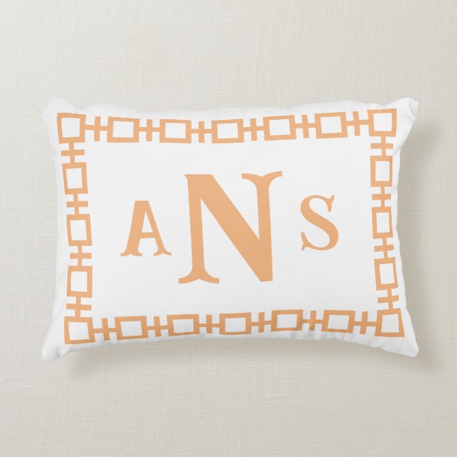 Cantaloupe Orange Square Greek Key Monogram Accent Pillow (Front)