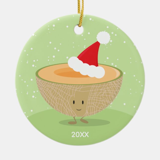 Cantaloupe Santa Hat Year Food Christmas Ceramic Ornament (Front)