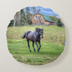 Cantering Black Percheron Horse Equine Photo 2 Round Pillow