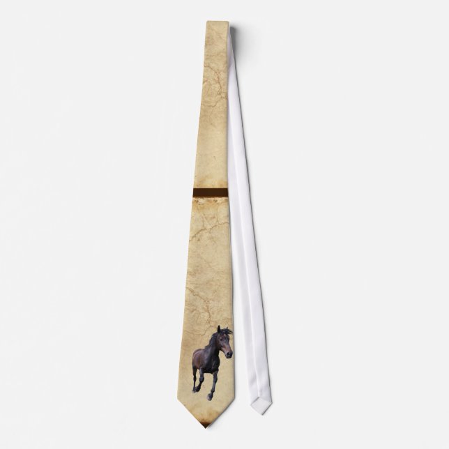 Cantering Black Percheron Horse on Faux Parchment Tie (Front)