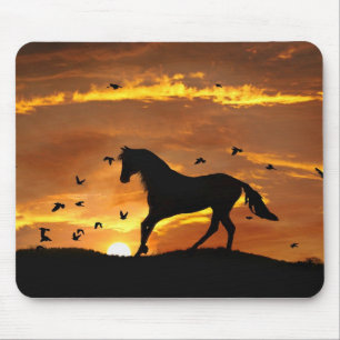 Cantering Horse and Birds in Sunset Mouse Pad