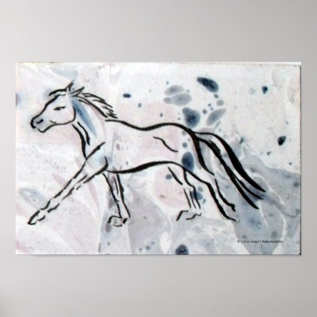 Cantering horse in pen and ink on marble paper poster (Front)