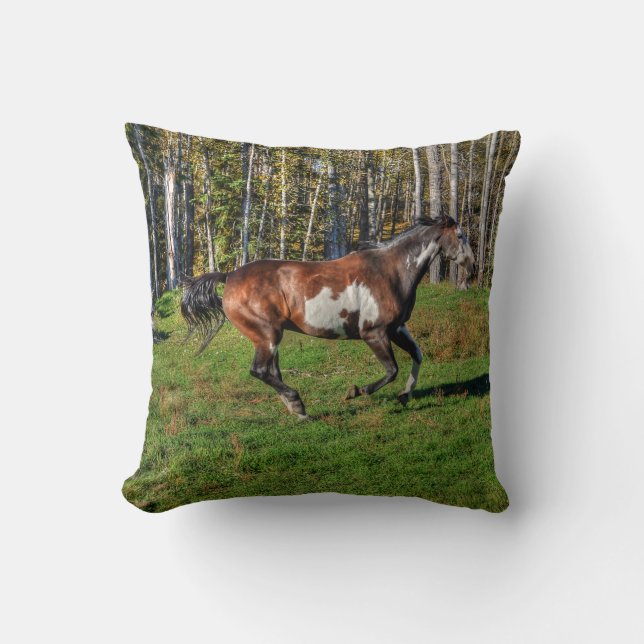 Cantering Pinto Paint Horse & Trees Equine Photo Throw Pillow (Front)