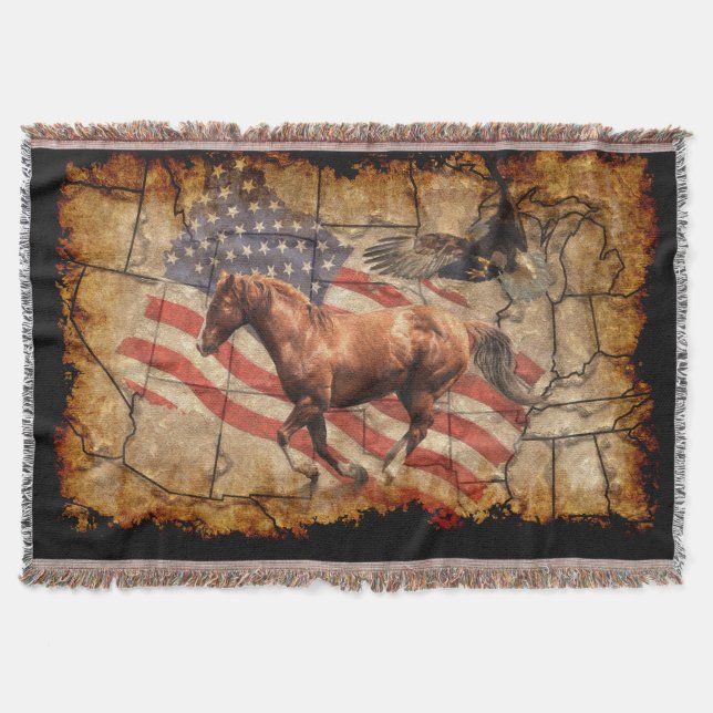 Cantering Western Horse w Bald Eagle and US Flag Throw Blanket (Front)