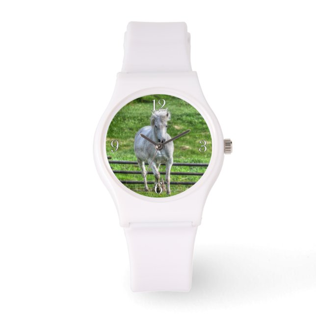 Cantering White Horse Equine Photo Watch (Front)