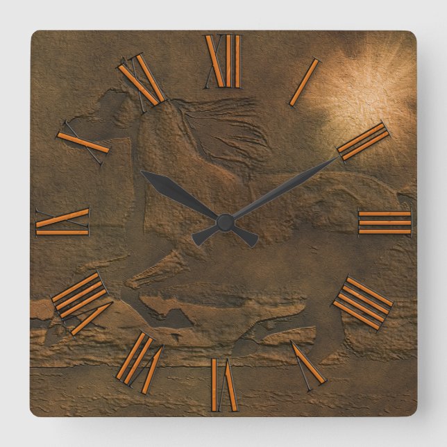 Cantering Wild Spirited Horse in Faux Leather Square Wall Clock (Front)
