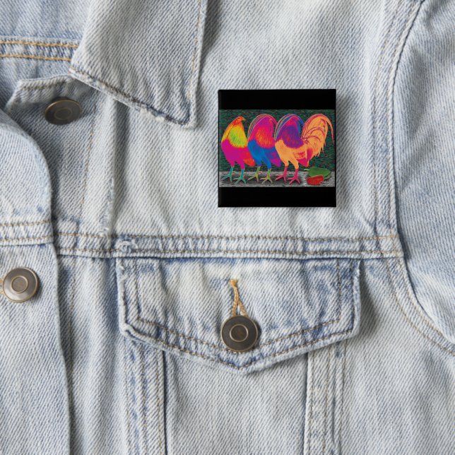 Cantina Roosters 2 Inch Square Button (In Situ)