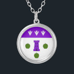 Canton of Caer Gelynniog Populace Badge Silver Plated Necklace<br><div class="desc">"Argent,  a tower purpure between two apples in fess and an apple in base vert and on a chief purpure three broadarrows argent."</div>