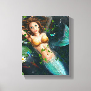 Canvas Beautiful mermaid in lake with lilies Print